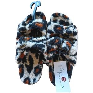 New, Fuzzy Leopard Slippers with Adjustable Buckles and Durable Sole, 8